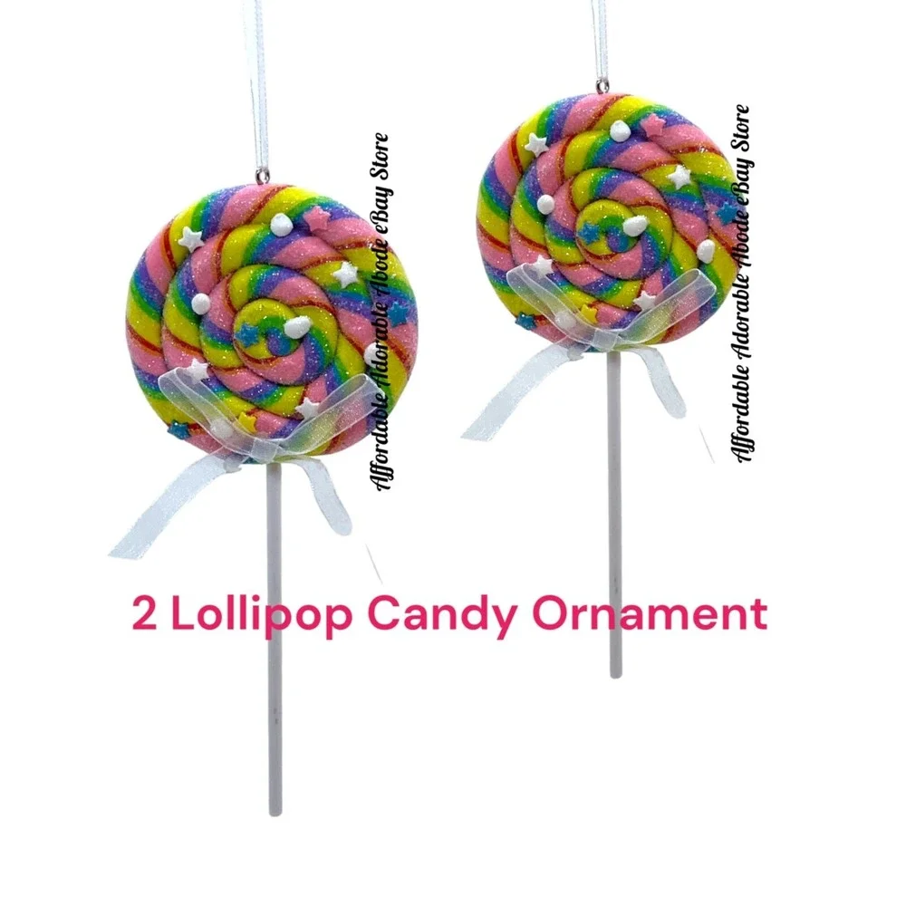 2 Swirl Lollipops‎ Christmas Tree Ornaments-Multicolor Sweet Treats Bow